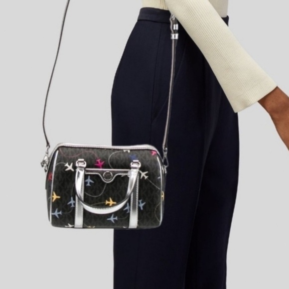 Michael Kors Small Duffle Crossbody Black Airplane Print Jet Set Multicolor - Picture 10 of 10